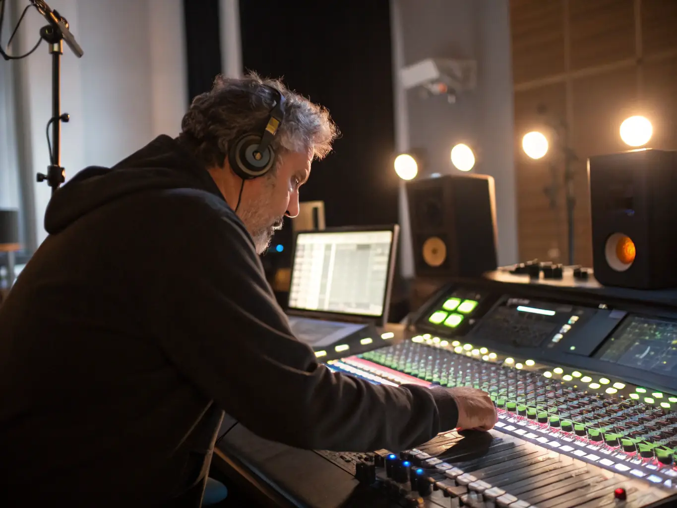 A professional recording studio with high-end equipment and a sound engineer at work, capturing the essence of a live performance.