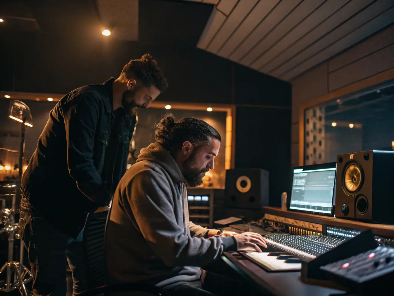 A music producer working with an artist in a studio setting, surrounded by instruments and recording equipment, fine-tuning the details of a track.