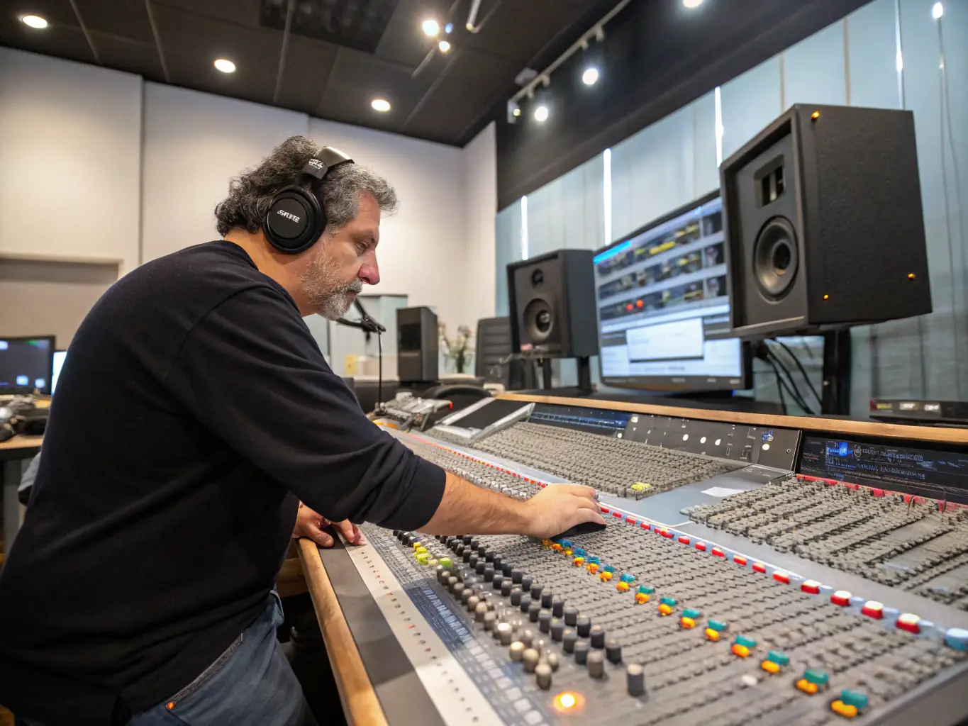 A close-up shot of a mixing console with various knobs and faders, symbolizing the intricate process of audio engineering.