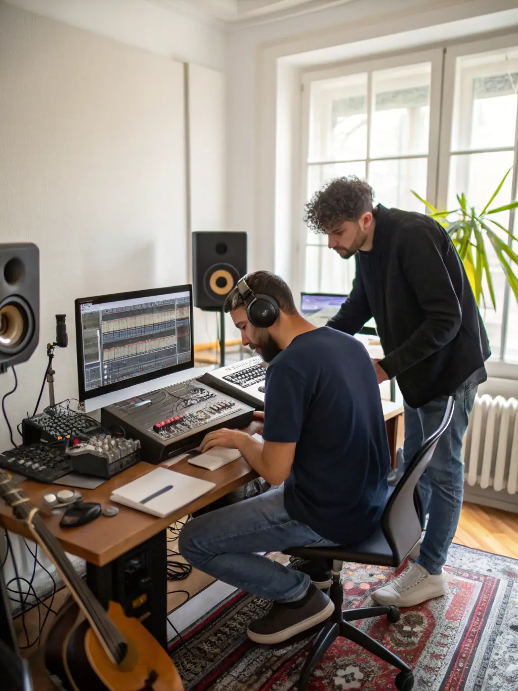 A music producer working with an artist in the recording booth, providing guidance and feedback during a vocal recording session at ItzDee Productions.