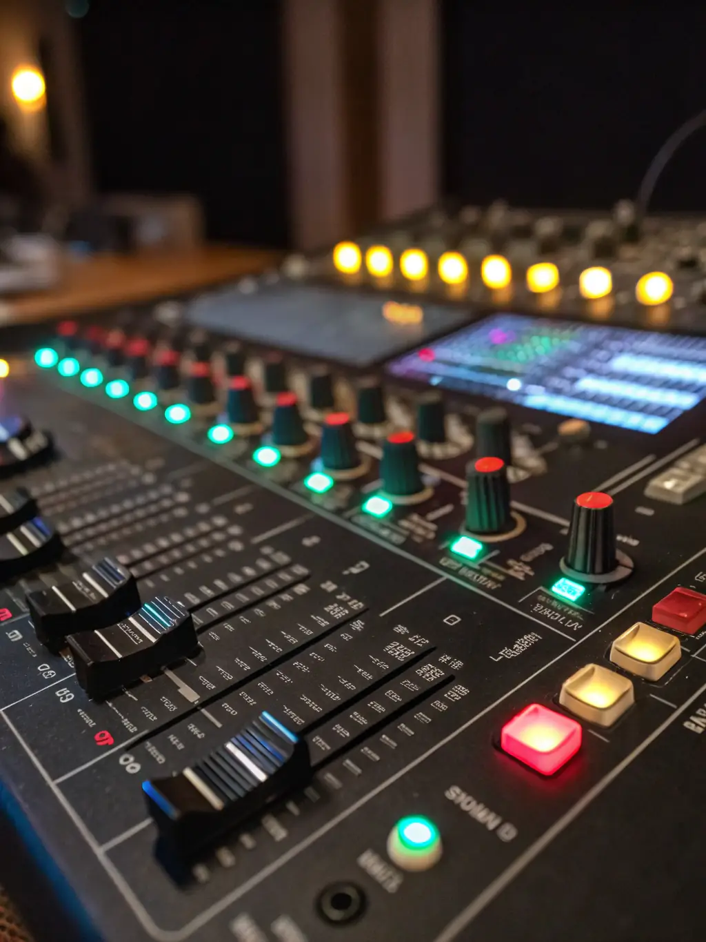 A close-up shot of a mixing console with various knobs, faders, and displays, highlighting the intricate process of mixing and mastering audio at ItzDee Productions.
